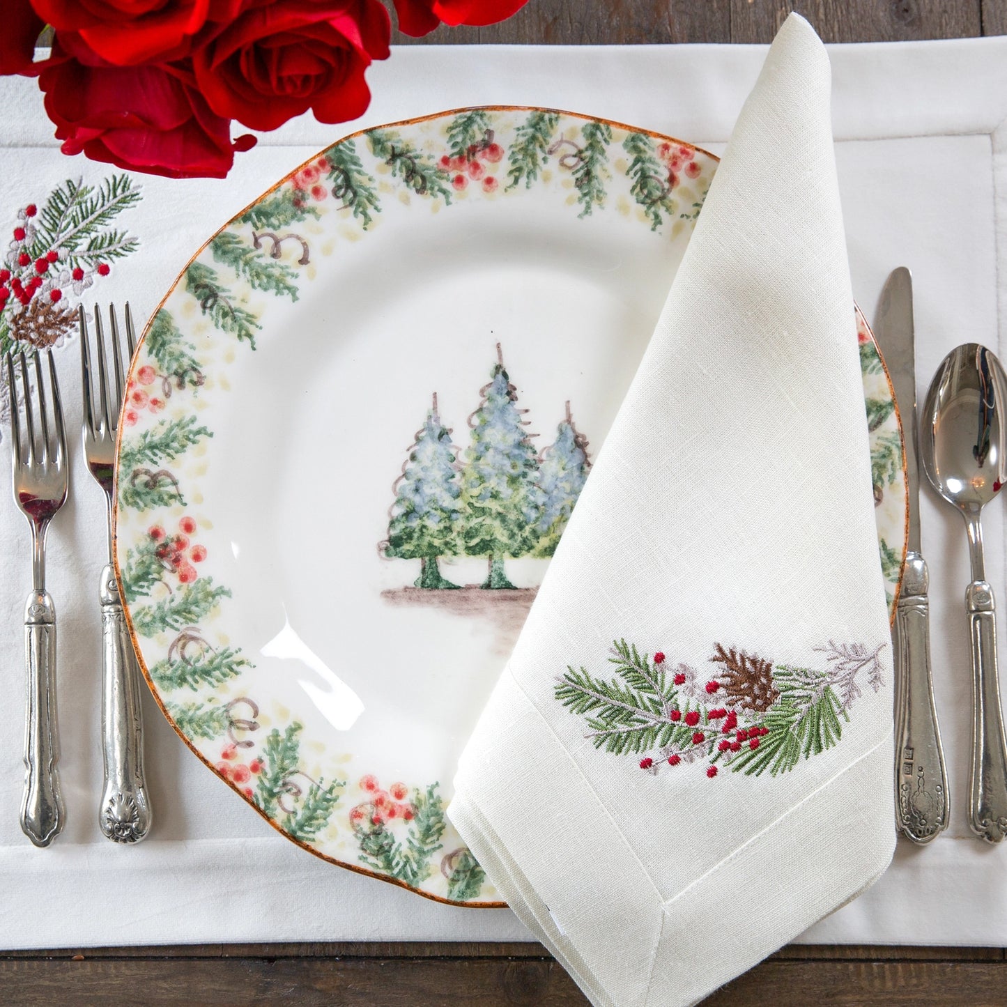 Natale Sprig Embroidered Linen Napkin