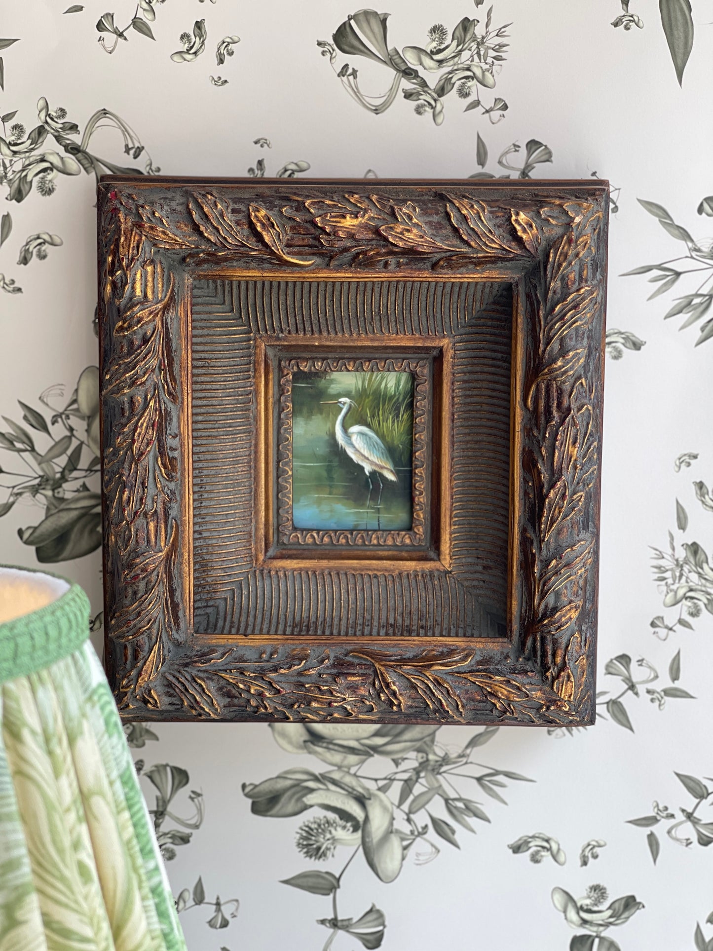 Painting of Grey Heron in Carved Frame