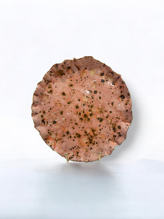 Decorative Pink Splatter Plate with Gold Ruffled Rim